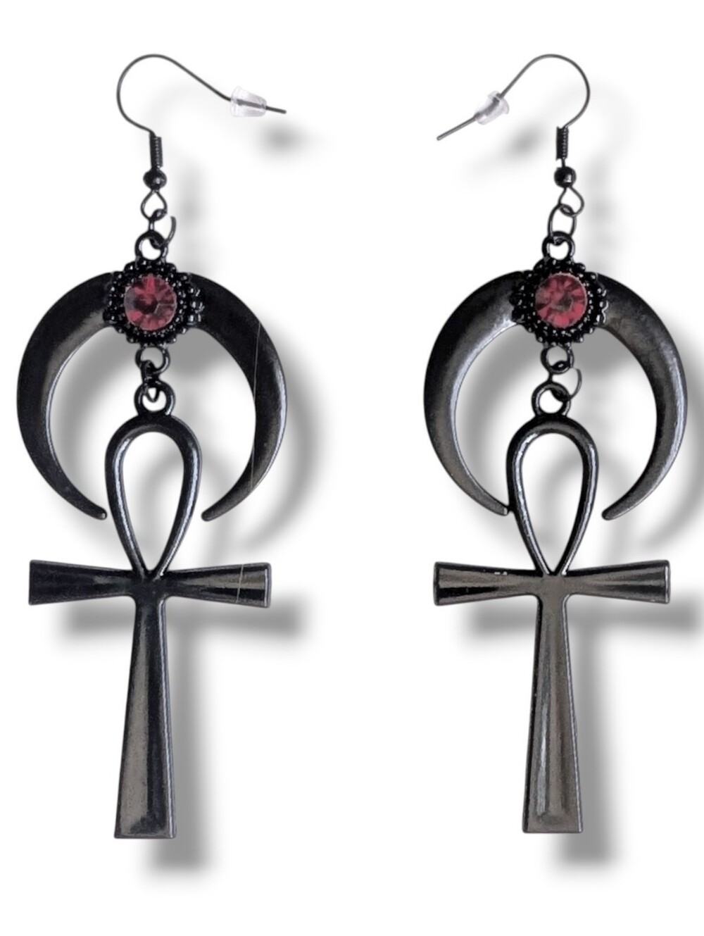 NWT Handmade Black and Red Gem Crescent Moon Dangly Black Ankh Earrings